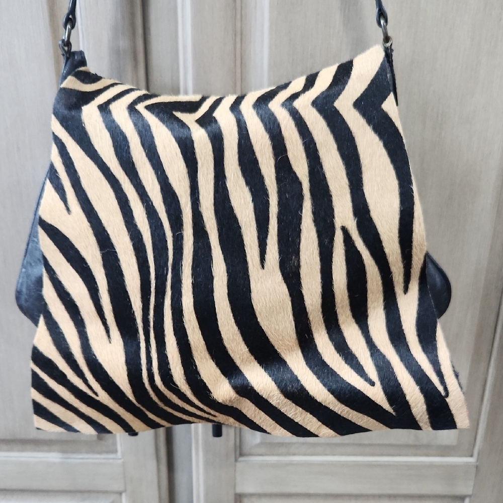 Maurizio Taiuti Italian Black Leather Hair On Hide Zebra Print Handbag